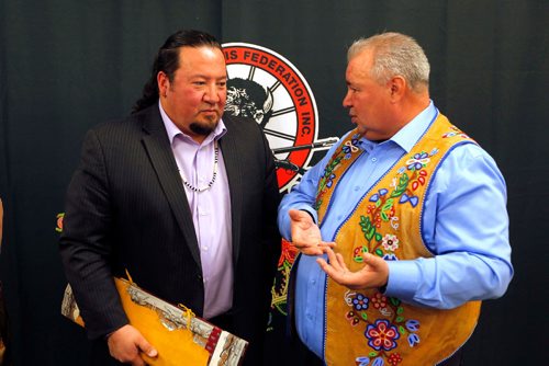 BORIS MINKEVICH / WINNIPEG FREE PRESS
From left, Grand Chief Derek Nepinak, Assembly of Manitoba Chiefs, and President David Chartrand, Manitoba Metis Federation, at night hunting accusations press conference at the Manitoba Metis Federation Home Office. May 4, 2017