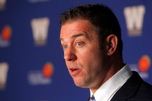 BORIS MINKEVICH / WINNIPEG FREE PRESS
Winnipeg Blue Bombers General Manager Kyle Walters talks about the upcoming 2017 CFL Draft in the Press Room at Investors Group Field. May 5, 2017