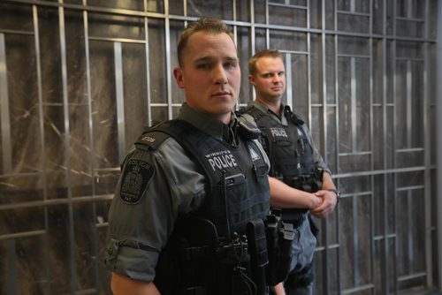 RUTH BONNEVILLE /  WINNIPEG FREE PRESS

Interview with tactical unit officers who responded when a masked teen with a gun walked into traffic at Portage and Main. Constable Adam Shewchuk (front) and Constable Riley Clayton talk about what it was like to handle the scene of teen with gun on Portage and Main at Police Headquarters Friday.

See Katie May story. 

May 04, 2017