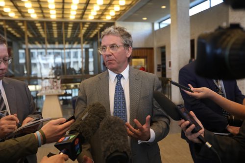 RUTH BONNEVILLE /  WINNIPEG FREE PRESS

David Asper talks to the media in a scrum after he chairs the Winnipeg Police Board for the first time on the second floor of council chamber building Friday. 
See Aldo's story


May 05, 2017