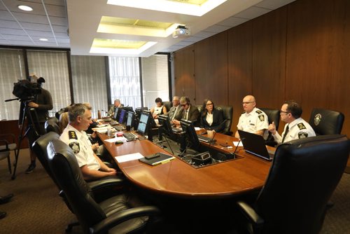 RUTH BONNEVILLE /  WINNIPEG FREE PRESS

David Asper (far end of table) with board members andThe Winnipeg Chief of Police,  Danny Smyth, (far right) in  council chamber building at City Hall Friday where Asper chaired meeting for the first time.
See Aldo's story


May 05, 2017