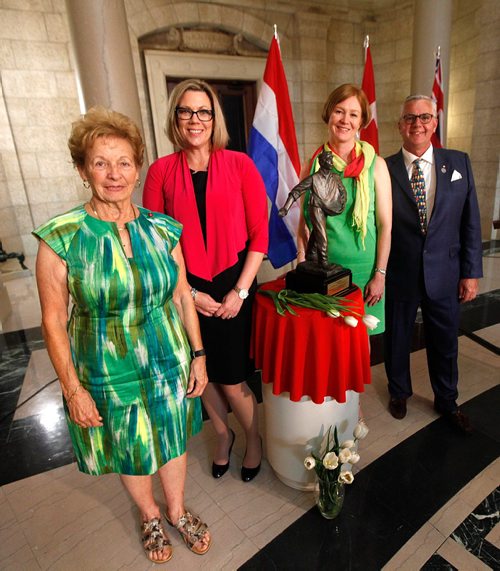 PHIL HOSSACK / WINNIPEG FREE PRESS  -   Left to right -  Arlene Van Ruiten, Sport, Culture and Heritage Minister Rochelle Squires, Virginie de Vischer, honorary consul, Kingdom of the Netherlands in Manitoba  and Bob Krul, president, Dutch Canadian Society of Manitoba flank "The Sower", a maquette by Leo Mol as she presented the gift of the miniature version of the Statue in Leo Mol Park to the Provincial Legislature.  The gift was presented to the Province at the Legislature Building's Rotunda Friday afternoon. See release.  -  May 5, 2017