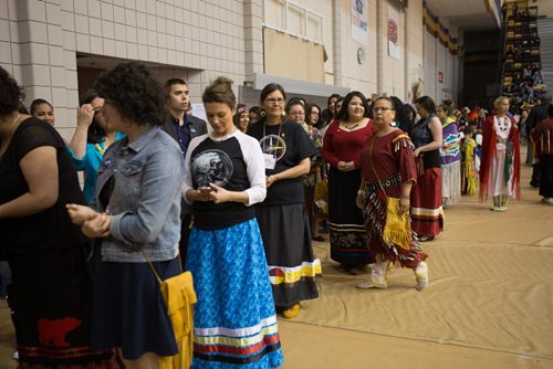 JEN DOERKSEN/WINNIPEG FREE PRESS
Grads and staff line up in front of the dancers before the first grand entry at the University of Manitobas Annual Traditional Graduation Pow Wow. Saturday, May 6, 2017.