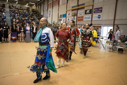 JEN DOERKSEN/WINNIPEG FREE PRESS
Traditional dancers followed the grads and encircled them during the first grand entry at University of Manitobas Annual Traditional Graduation Pow Wow. Saturday, May 6, 2017.