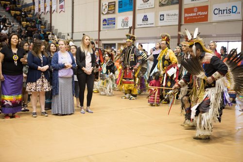 
JEN DOERKSEN/WINNIPEG FREE PRESS
Traditional dancers followed the grads and encircled them during the first grand entry at University of Manitobas Annual Traditional Graduation Pow Wow. Saturday, May 6, 2017.