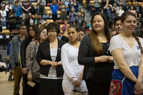 JEN DOERKSEN/WINNIPEG FREE PRESS
Ashley Richard stands in line with her fellow grads and watches the dancers during the grand entry at the University of Manitobas Annual Traditional Graduation Pow Wow. Saturday, May 6, 2017.
