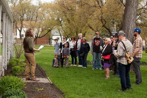 "The Ghosts of Seven Oaks" Jane's Walk, led by Seven Oaks House Museum manager Eric Napier Strong (picture at left) guides participants through the battle of Seven Oaks and birth of the Metis Nation, beginning at the Battle of Seven Oaks Monument at Rupertsland Blvd. and Main St., and ending at the Seven Oaks House Museum. Jane's Walk is a social movement involving free, citizen-led walking tours geared towards building communities and engaging neighbourhoods in conversation. Saturday, May 6, 2017. Copyright Jessica Finn for the Winnipeg Free Press.