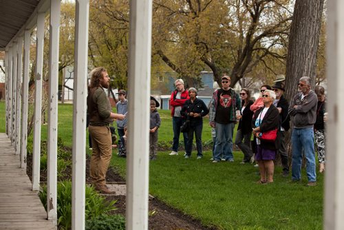 "The Ghosts of Seven Oaks" Jane's Walk, led by Seven Oaks House Museum manager Eric Napier Strong (picture at left) guides participants through the battle of Seven Oaks and birth of the Metis Nation, beginning at the Battle of Seven Oaks Monument at Rupertsland Blvd. and Main St., and ending at the Seven Oaks House Museum. Jane's Walk is a social movement involving free, citizen-led walking tours geared towards building communities and engaging neighbourhoods in conversation. Saturday, May 6, 2017. Copyright Jessica Finn for the Winnipeg Free Press.