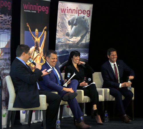 WAYNE GLOWACKI / WINNIPEG FREE PRESS
The discussion panel at the Economic Development Winnipeg Inc.s annual meeting, from left is moderator Michael Legary, Chief Innovation Officer with the City, Cliff Cullen, Minister of Growth, Enterprise and Trade, Dayna Spiring, president and CEO EDW and Mayor Brian Bowman.
The event was held Monday in the Richardson Event Centre. Martin Cash story May 8 2017
