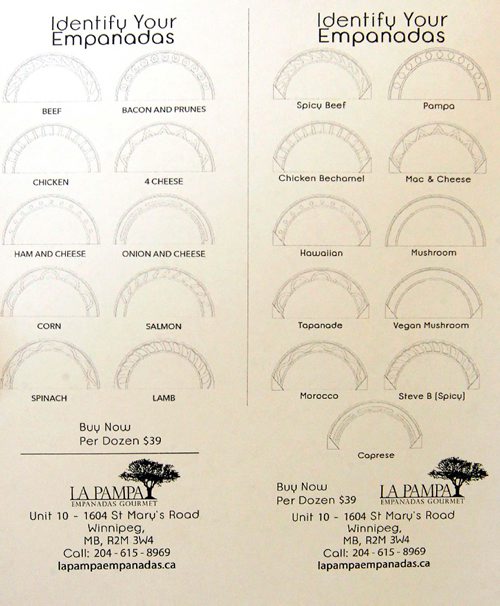 BORIS MINKEVICH / WINNIPEG FREE PRESS
RESTAURANT REVIEW - La pampa empanadas gourmet @ 1604 St Mary's Rd.  This is a sheet that identifies all the different empanadas you can order. Used when you bring them home and want to know which ones are which without opening them up.  ALISON GILMOR STORY. May 8, 2017