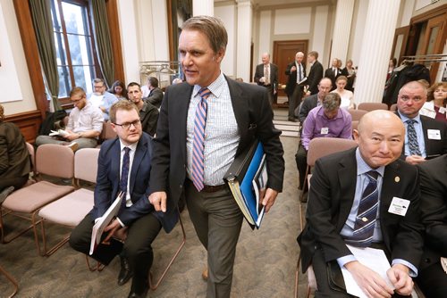 JOHN WOODS / WINNIPEG FREE PRESS
Cameron Friesen, Minister of Finance and Minister responsible for the Civil Service enters a public hearing on Bill 29 at the Manitoba Legislature Monday, May 8, 2017.