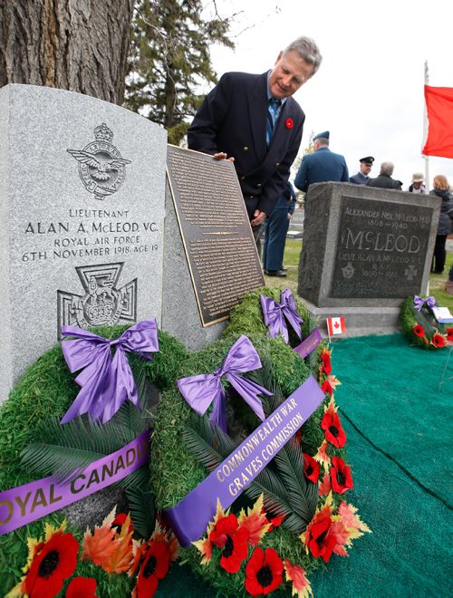 WAYNE GLOWACKI / WINNIPEG FREE PRESS

Alan Arnett Adams at the Victoria Cross headstone commemoration ceremony held Tuesday for his uncle First World War soldier Lieutenant  Alan McLeod VC at the Old Kildonan Presbyterian Cemetery.  Lt. McLeod is buried along with his parents in the Old Kildonan Presbyterian Cemetery.  A private family headstone commemorated Lt.McLeod and his parents. Since this headstone is not marked with the Victoria Cross, the Commonwealth War Graves Commission (CWGC) engraved a new headstone and plaque that was unveiled Tuesday.
Ashley Prest story  May 9 2017