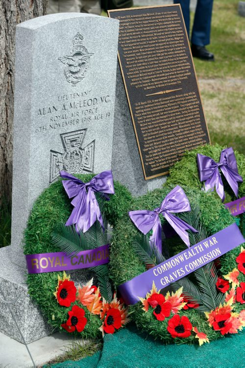 WAYNE GLOWACKI / WINNIPEG FREE PRESS

Wreaths placed during the Victoria Cross headstone commemoration ceremony held Tuesday for First World War soldier Lieutenant  Alan McLeod VC at the Old Kildonan Presbyterian Cemetery.  Lt. McLeod is buried along with his parents in the Old Kildonan Presbyterian Cemetery.  A private family headstone commemorated Lt.McLeod and his parents. Since this headstone is not marked with the Victoria Cross, the Commonwealth War Graves Commission (CWGC) engraved a new headstone and plaque that was unveiled Tuesday beside the family grave.
Ashley Prest story  May 9 2017