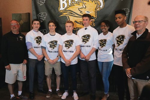 Canstar Community News MAY 3, 2017 - The new Bison track and field class for the 2017-2018 season. From left to right: Bison track and field head coach Claude Berube, recruits Josh Magri, Sebastien Regnier, Alex Dickson, Luc Deleau, Brianna Tynes and Nathan Smith and power speed coach Alex Gardiner. (LIGIA BRAIDOTTI/CANSTAR COMMUNITY NEWS/TIMES)