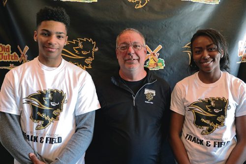 Canstar Community News MAY 3, 2017 - Nathan Smith, Bison track and field head coach Claude Berube and Brianna Tynes. (LIGIA BRAIDOTTI/CANSTAR COMMUNITY NEWS/TIMES)