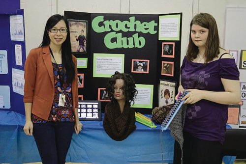 Canstar Community News MAY 1, 2017 - R.B. Russell Vocational High School guidance counsellor Pamela Potter (left) and Grade 11 student Danica Buxton talk about how learning crochet can help with mental health at WSDs Healthy Minds event. (LIGIA BRAIDOTTI/CANSTAR COMMUNITY NEWS/TIMES)