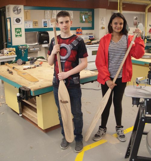 Canstar Community News May 3, 2017 - William (left) and Taelyr, Grade 7 students at Munroe Junior High School (405 Munroe Ave.), are among 10 of the students from Munroe who took part in the Paddles Across Canada program in celebration of Canada's 150th anniversary. The students made their own paddles, while learning about the history of river travel in Canada. (SHELDON BIRNIE/CANSTAR/THE HERALD)