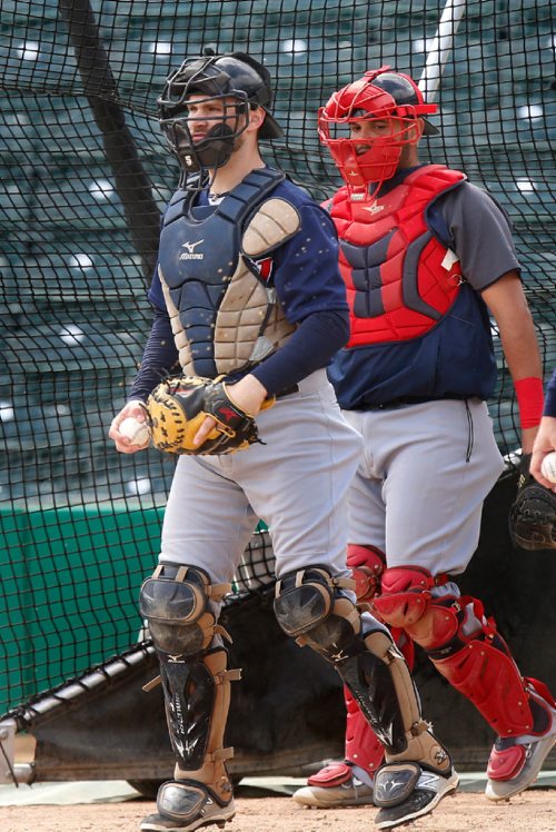 WAYNE GLOWACKI / WINNIPEG FREE PRESS
Catchers Conor Sullivan, left, and Alixon Suarez at the Winnipeg Goldeyes practice at Shaw Park Tuesday. Mike McIntyre story May 9 2017