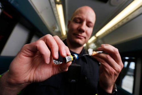 JOHN WOODS / WINNIPEG FREE PRESS
Primary Care Paramedic Matt Hiebert is photographed with Naloxone Tuesday, May 9, 2017.  Paramedic administration of Naloxone is up 75% from last year.