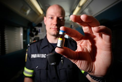 JOHN WOODS / WINNIPEG FREE PRESS
Primary Care Paramedic Matt Hiebert is photographed with Naloxone Tuesday, May 9, 2017.  Paramedic administration of Naloxone is up 75% from last year.