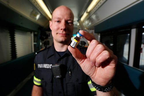 JOHN WOODS / WINNIPEG FREE PRESS
Primary Care Paramedic Matt Hiebert is photographed with Naloxone Tuesday, May 9, 2017.  Paramedic administration of Naloxone is up 75% from last year.