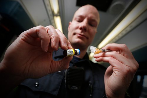 JOHN WOODS / WINNIPEG FREE PRESS
Primary Care Paramedic Matt Hiebert is photographed with Naloxone Tuesday, May 9, 2017.  Paramedic administration of Naloxone is up 75% from last year.