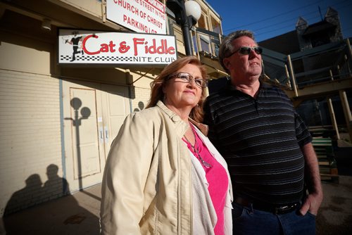 JOHN WOODS / WINNIPEG FREE PRESS
Amber McFarland's mother Lori and father Scott McFarland are photographed outside the Cat & Fiddle Nite Club Tuesday, May 9, 2017 where Amber McFarland was seen the night she went missing back in October of 2008.  Amber was last seen a  beer vendor's security camera footage during the early morning of October 18, 2008.