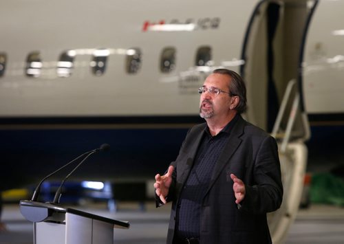 WAYNE GLOWACKI / WINNIPEG FREE PRESS 

Michael Pyle, CEO speaks at the Exchange Income Corp. annual meeting held in the Calm Air hangar Wednesday. 
Martin Cash  story  May 10 2017