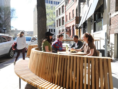 RUTH BONNEVILLE /  WINNIPEG FREE PRESS

Forth Coffee house on McDermot Ave. has uniquely designed curved wooden patio seating.
See Jill Wilson story.  
May 10, 2017