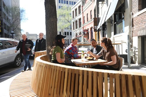 RUTH BONNEVILLE /  WINNIPEG FREE PRESS

Forth Coffee house on McDermot Ave. has uniquely designed curved wooden patio seating.
See Jill Wilson story.  
May 10, 2017