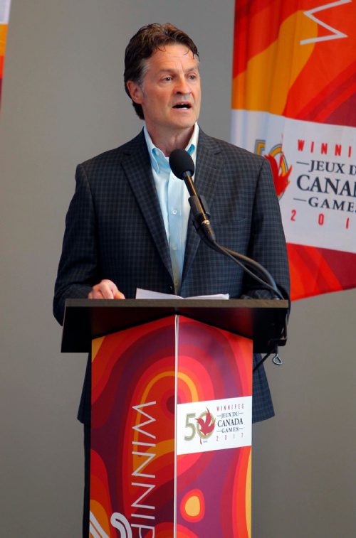 BORIS MINKEVICH / WINNIPEG FREE PRESS
CANADA GAMES TORCH RELAY EVENT - The 2017 Canada Games Host Society had an event at MB Hydro headquarters to honour and celebrate individuals who will carry the Roly McLenahan Torch, as part of the Manitoba Hydro Torch Relay. Jeff Hnatiuk, President and CEO, 2017 Canada Summer Games, speaks. CAROL SANDERS STORY. May 12, 2017