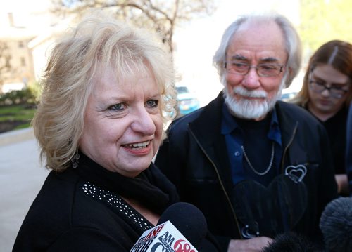 WAYNE GLOWACKI / WINNIPEG FREE PRESS 

Wilma and Cliff Derksen speak to media outside  the Law Courts Friday regarding Mark Grant's trial for the murder their daughter Candace Derksen.  Katie May story  May 12 2017