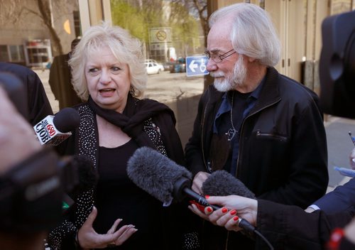 WAYNE GLOWACKI / WINNIPEG FREE PRESS 

Wilma and Cliff Derksen speak to media outside the Law Courts Friday regarding Mark Grant's trial for the murder their daughter Candace Derksen.  Katie May story  May 12 2017