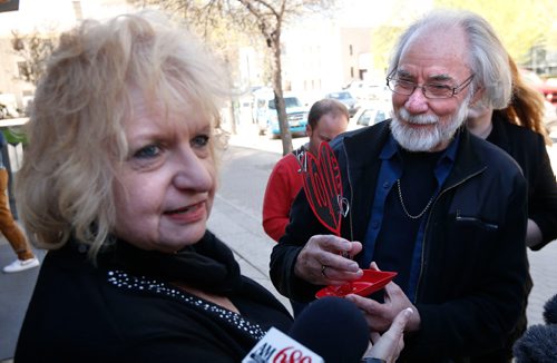 WAYNE GLOWACKI / WINNIPEG FREE PRESS 

Wilma and Cliff Derksen speak to the media outside the Law Courts regarding Mark Grant's trial for the murder their daughter Candace Derksen.  Cliff is holding a gift a man Candaces age gave to him Friday. Katie May story  May 12 2017