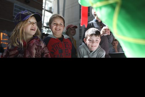RUTH BONNEVILLE /  WINNIPEG FREE PRESS

SCIENCE RENDEZVOUS -  U of M, 
Marika Banack-Foster (9yrs) her brother Alex Banack-Foster (9yrs, red) and Rhett Huntley (8yrs) watch Pic-a-snake, a robotic stuffed snake that paints pictures from the sound waves in songs set up at the computer programming booth, one of many teaching tables at the SCIENCE RENDEZVOUS at U of M Saturday.

May 13, 2017