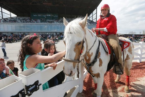 JOHN WOODS / WINNIPEG FREE PRESS
Max and pony rider Nikki Kitchner say hello to children at opening day of racing at Assiniboia Downs Sunday, May 14, 2017.