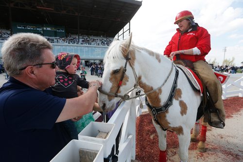 JOHN WOODS / WINNIPEG FREE PRESS
Rocky Richardson and granddaughter Mila say hello to Max and pony rider Nikki Kitchner at opening day of racing at Assiniboia Downs Sunday, May 14, 2017.