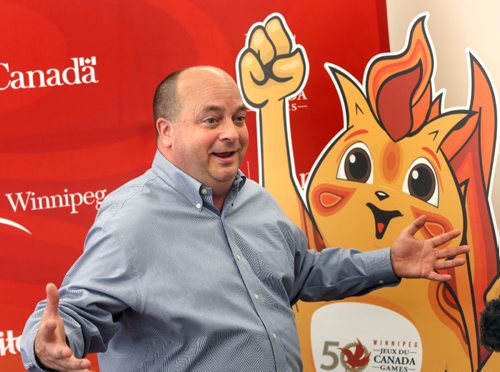 WAYNE GLOWACKI / WINNIPEG FREE PRESS

Patrick Roberge, president & Creative Director, PRP (Patrick Roberge Productions) announces the entertainment for the Canada Games Ceremonies in Winnipeg.¤  At right, is the image of this Canada Games mascot Niibin.  Ashley Prest story  May 15 2017