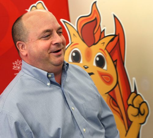 WAYNE GLOWACKI / WINNIPEG FREE PRESS

Patrick Roberge, president & Creative Director, PRP (Patrick Roberge Productions) announces the entertainment for the Canada Games Ceremonies in Winnipeg.¤At right, is the image of this Canada Games mascot Niibin.    Ashley Prest story  May 15 2017