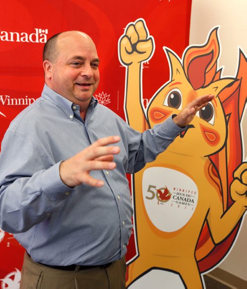 WAYNE GLOWACKI / WINNIPEG FREE PRESS

Patrick Roberge, president & Creative Director, PRP (Patrick Roberge Productions) announces the entertainment for the Canada Games Ceremonies in Winnipeg.¤ At right, is the image of this Canada Games mascot Niibin.   Ashley Prest story  May 15 2017