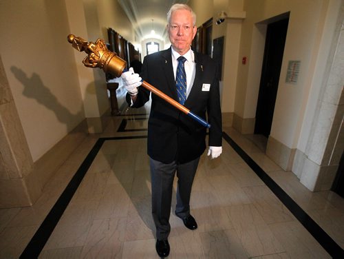 PHIL HOSSACK / WINNIPEG FREE PRESS  -  Sergeant-at-Arms Ray Gislasonshows off Manitoba's first mace before carrying it into into the Legislative Assembly Monday afternoon. See release "In celebration of Manitoba Day, which was on Friday, May 12, the provinces first mace will be put into service for one day only. It has not been used for 133 years. The acting Sergeant-at-Arms will carry it into the Chamber and it will lay on the table along with the Star Blanket Mace Cushion and the Beaded Mace Runner that were gifted to the Legislative Assembly by Aboriginal peoples in 2010. The Speaker will also have a statement in the House".  -  May 15, 2017