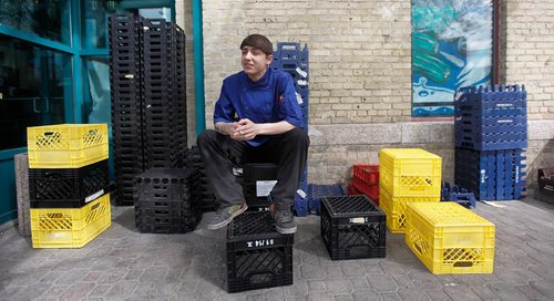 PHIL HOSSACK / WINNIPEG FREE PRESS  -  Taking a break out back of the Forks Market, Jamie DeLuca talks about making minimum wage. See Alex Paul's story re: Provincial changes to the minimum wages paid here.  -  May 15, 2017