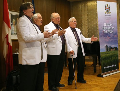 JASON HALSTEAD / WINNIPEG FREE PRESS

Barbershop quartet Vocal Point performs at the the award ceremony for the Lieutenant Governors Award for Historical Preservation and Promotion on May 11, 2017 at Government House. (See Social Page)