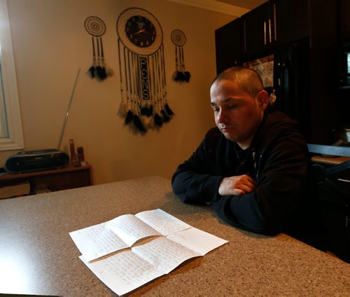WAYNE GLOWACKI / WINNIPEG FREE PRESS

Saturday Special. Ricky Strongquill, the son of RCMP Const. Dennis Strongquill with letters he received from Robert in prison.  Dennis Strongquill was a 52-year-old constable stationed in Waywayseecappo just before Christmas of 2001, when he was shot to death during a routine traffic stop just east of Russell.  Mike McIntyre story. May 16 2017