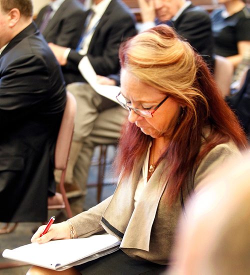 PHIL HOSSACK / WINNIPEG FREE PRESS  -  MGEU representative Michelle Gawronskireviews her notes as she prepares to present at a committee hearing on Marijuana at the Legislature Tuesday.  -  May 16, 2017