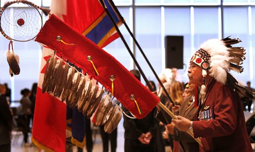 WAYNE GLOWACKI / WINNIPEG FREE PRESS

Elder and War Veteran, Clair Francis led the Grand Entry at the opening ceremonies Wednesday for the Vision Quest Conference & Trade Show  Canadas longest running Aboriginal economic conference. About a thousand people are expected at the event Wednesday and Thursday held at the RBC Winnipeg Convention Centre. The Vision Quests Trade Show consisting of 90 booths provides business networking and exploring partnerships opportunities. release.May 16 2017