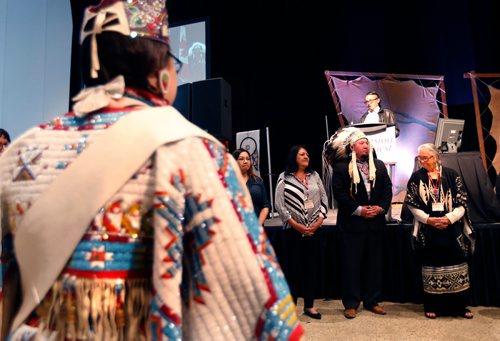 WAYNE GLOWACKI / WINNIPEG FREE PRESS

The Grand Entry included Grand Chief Derek Nepinak,centre and Elder Mae Louise Campbell, at right for the opening of the Vision Quest Conference & Trade Show  Canadas longest running Aboriginal economic conference. About a thousand people are expected at the event Wednesday and Thursday held at the RBC Winnipeg Convention Centre. The Vision Quests Trade Show consisting of 90 booths provides business networking and exploring partnerships opportunities. release.May 17 2017