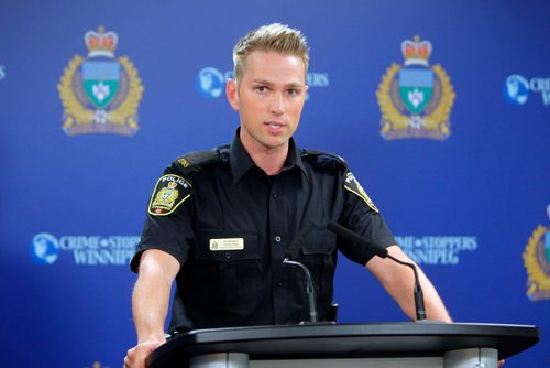 BORIS MINKEVICH / WINNIPEG FREE PRESS
Constable Jay Murray speaks at the Winnipeg Police Service media room. Re: Homicide arrests. May 17, 2017