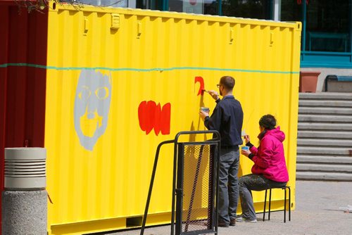 BORIS MINKEVICH / WINNIPEG FREE PRESS
From left, WAG volunteer Aaron McMahon and Artist Jessie Buchanan start painting a metal shipping container at The Forks this afternoon. ART EXPRESSD / ART EXPRIMÉ by The Winnipeg Art Gallery. INFO FROM WEBSITE: May 15-22 | 10 am  8 pm 
Location: The Forks National Historic Site - Parks Canada

The Winnipeg Art Gallery is celebrating Canada 150 with ART EXPRESSD, a coast-to-coast-to-coast adventure. Three 20-foot shipping containers transformed into mobile art studios will traverse every province and territory.

Before they set off on their journey, the containers will be painted with the help of Art City and Graffiti Art Programming. Stop by the Forks to find out more about this Canada 150 Signature Initiative. . May 17, 2017
