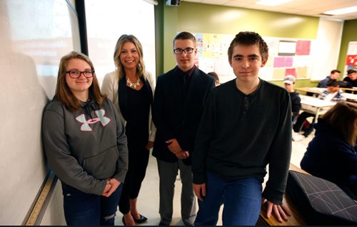 WAYNE GLOWACKI / WINNIPEG FREE PRESS 

In back, Jane Bachart, a consultant for the Pembina Trails School Division with grade 10 students from left, Megan Blashock, Jacob Cenerini-Palmer and Ben Raine who gave their presentations in their BBBs Lift program class Friday at Shaftesbury High School. Carol Sanders story   May 19 2017